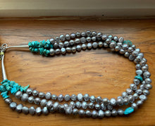 Load image into Gallery viewer, Freshwater Gray Pearls + Turquoise Three Strand Necklace.