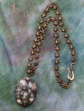 Load image into Gallery viewer, Vintage Brass Necklace with Green Leopard Skin Jasper Bead drop