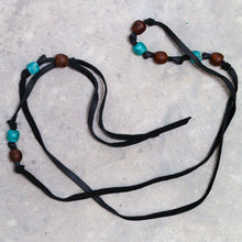 Load image into Gallery viewer, Soft Leather with Krobo Tribe Recycle Brown and Azure Blue Glass Beaded Lariat