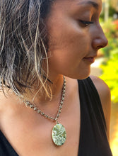 Load image into Gallery viewer, Vintage Brass Necklace with Green Leopard Skin Jasper Bead drop