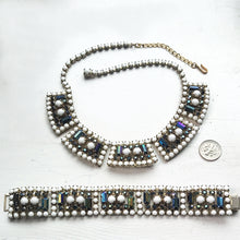 Load image into Gallery viewer, Heirloom Unsigned Milk Glass + AB Rhinestone collar necklace and matching bracelet