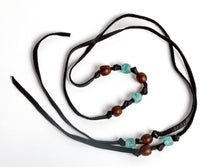 Load image into Gallery viewer, Soft Leather with Krobo Tribe Recycle Brown and Azure Blue Glass Beaded Lariat