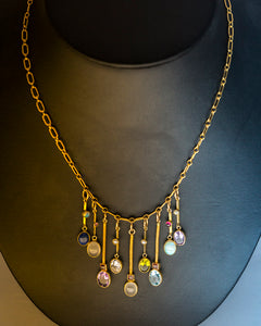 Colorful Gemstone Fan Art deco 22K Gold Vermeil Necklace