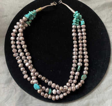 Freshwater Gray Pearls + Turquoise Three Strand Necklace.