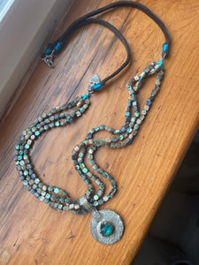 Abalone + Moroccan Coin + Leather Beaded Necklace
