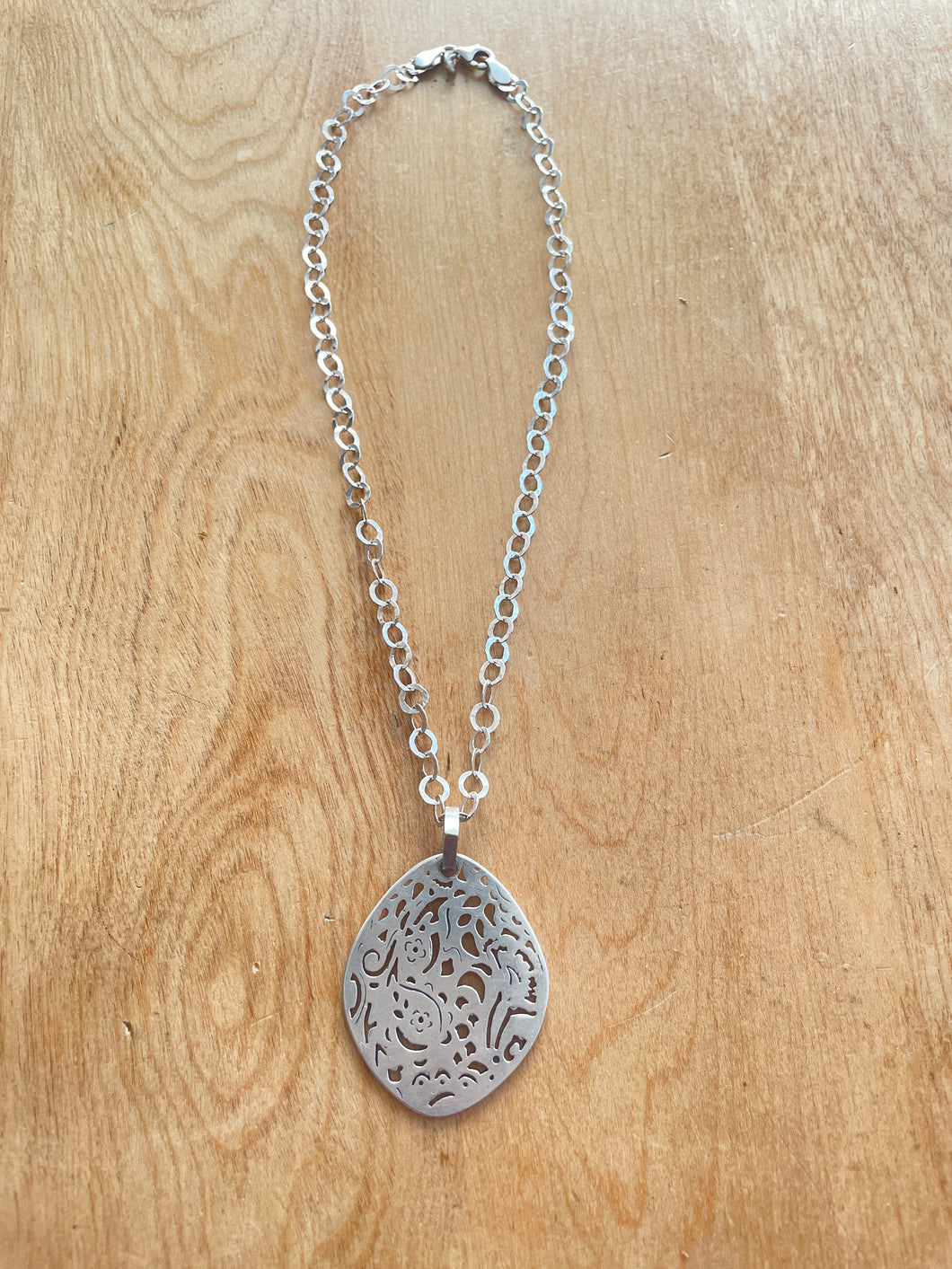 Sterling Silver Hand Cut Focal Pendant with Hammered Chain Necklace
