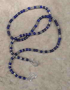 Vintage African blue glass Sterling Silver Beads Lanyard Face Mask Chain Holder  + Necklace