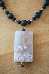 Cherry Blossom Agate Focal Bead with Black Lava Beads + Picture Jasper Beads Necklace