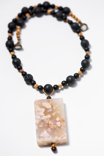 Cherry Blossom Agate Focal Bead with Black Lava Beads + Picture Jasper Beads Necklace