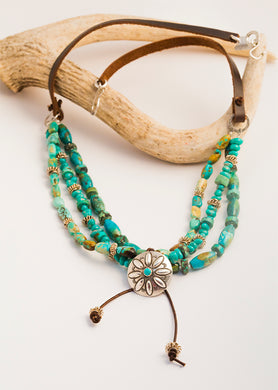 Turquoise 3 strand Beaded Leather Necklace
