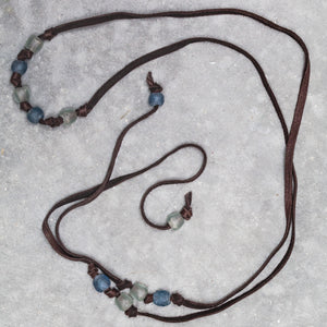 Soft Leather and Krobo Tribe Recycled White and Blue Glass Beaded Lariat