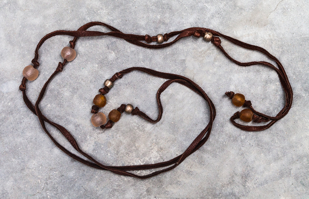 Soft Leather with Krobo Tribe Recycled Brown and Rose Glass Beaded Lariat