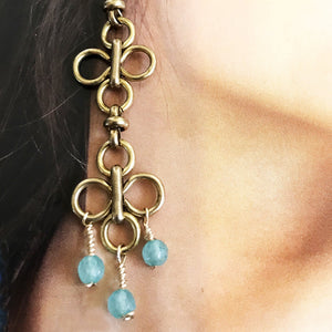 Vintage Brass and Blue Chalcedony Chandelier Earrings