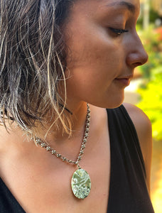 Vintage Brass Necklace with Green Leopard Skin Jasper Bead drop