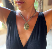 Load image into Gallery viewer, Vintage Brass Necklace with Green Leopard Skin Jasper Bead drop