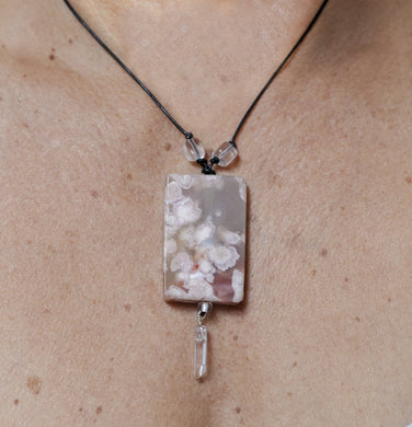 Cherry Blossom Agate + Quartz Point Focal Bead with Leather Necklace