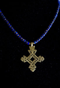 Brass Ethiopian Coptic Cross + Lapis Lazuli Necklace
