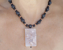 Load image into Gallery viewer, Cherry Blossom Agate Focal Bead with Black Lava Beads + Picture Jasper Beads Necklace