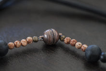 Load image into Gallery viewer, Cherry Blossom Agate Focal Bead with Black Lava Beads + Picture Jasper Beads Necklace