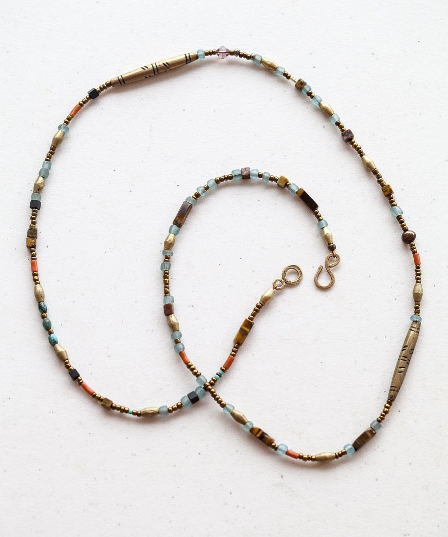 Tribal Brass and Recycled Glass Beaded Long Necklace