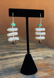 Freshwater Biwa Stick Pearls with Turquoise Rondelle Beaded Earrings
