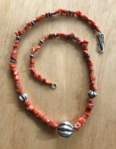 Vintage Mediterranean Coral Nugget Sterling Silver tribal beaded Necklace