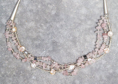 Multi-Strand Rose Quartz•Pearl•Sterling Silver•Link Chain Necklace
