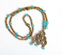 Load image into Gallery viewer, Berber Spiral Brass Pendant with Turquoise Recycled Glass beaded Long Necklace