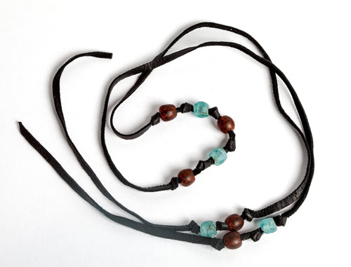 Soft Leather with Krobo Tribe Recycle Brown and Azure Blue Glass Beaded Lariat